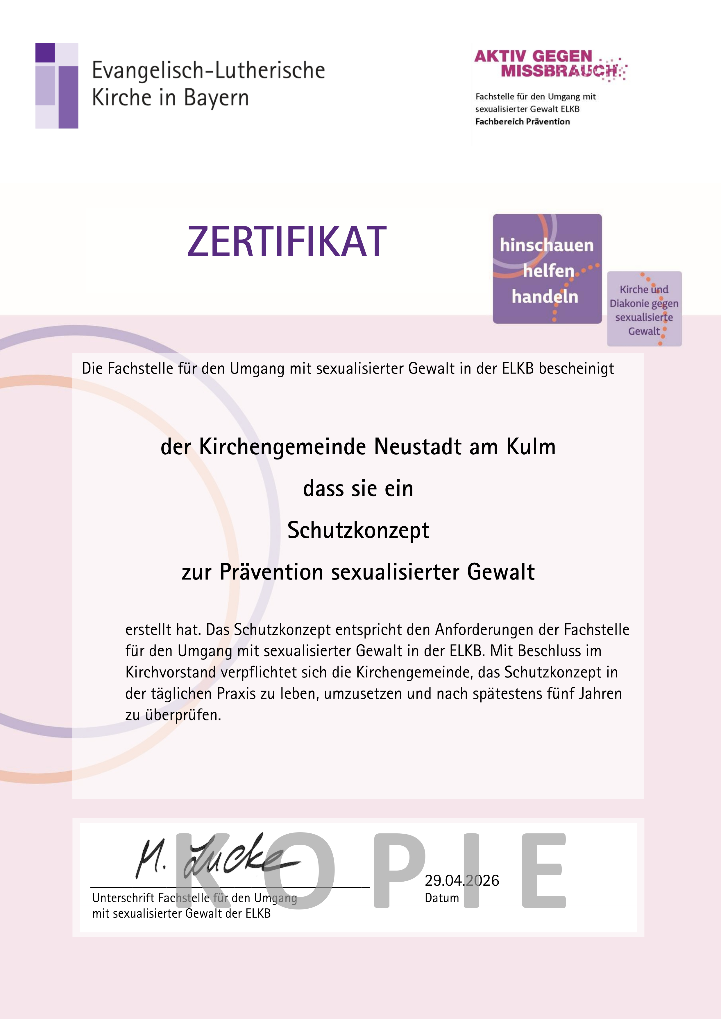 Zertifikat Schutzkonzept gegen sexualisierte Gewalt